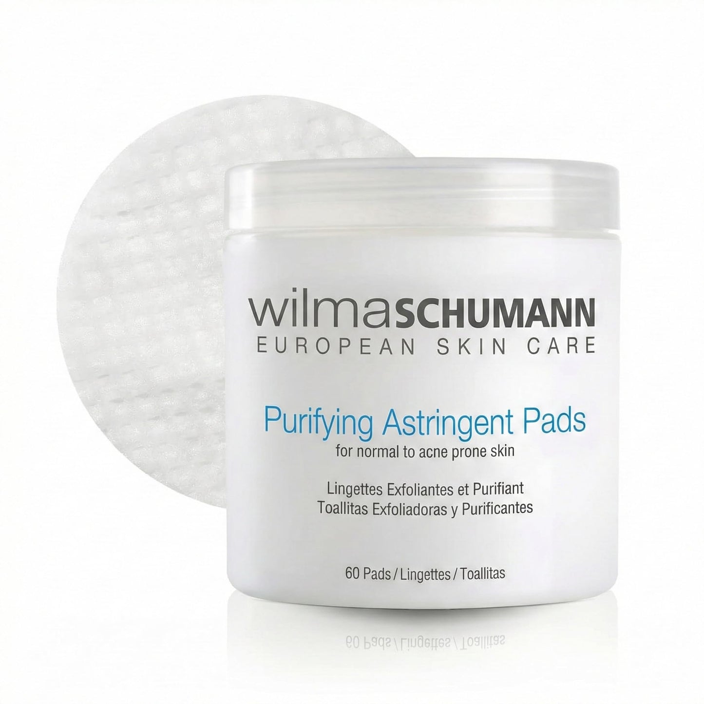 Wilma Schumann Purifying Astringent Pads for Face, 60 Pack - Ideal for Oily and Acne Prone Skin - Skin Exfoliating Pads with Salicylic Acid, Glycolic Acid, and Witch Hazel - Dermatologist Tested