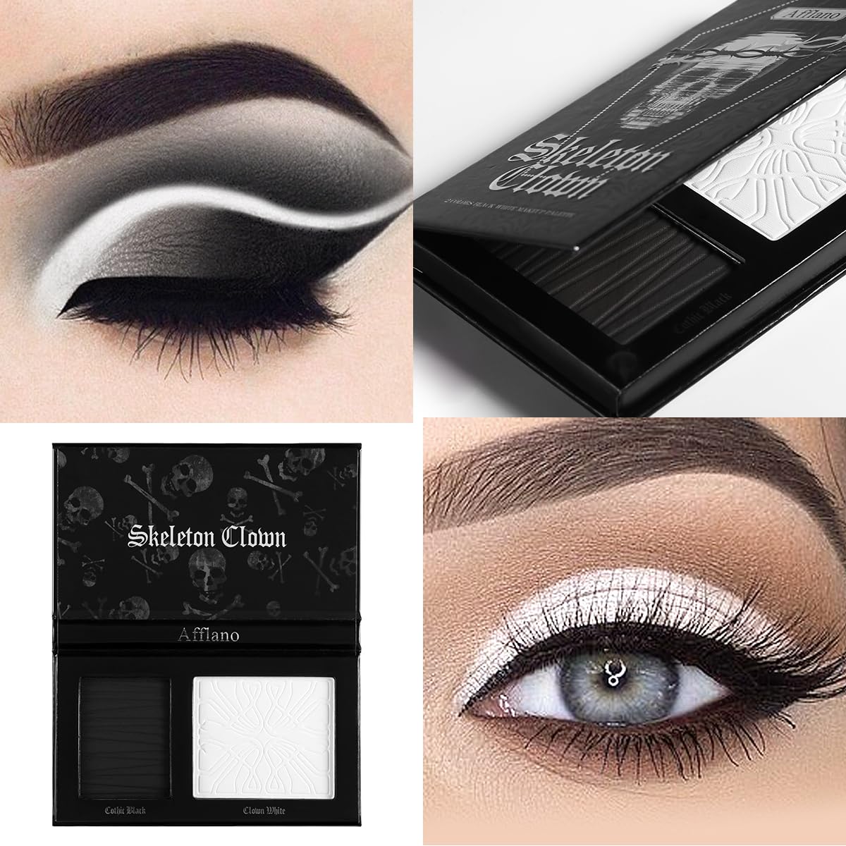 Goth Makeup Palette, Black White Duo Matte Pressed Powder Eyeshadow Palette for Smoky Gothic Makeup, High Pigmented Long Last Concealer Foundation Pallet for Halloween Skeleton Clown SFX Costume Joker