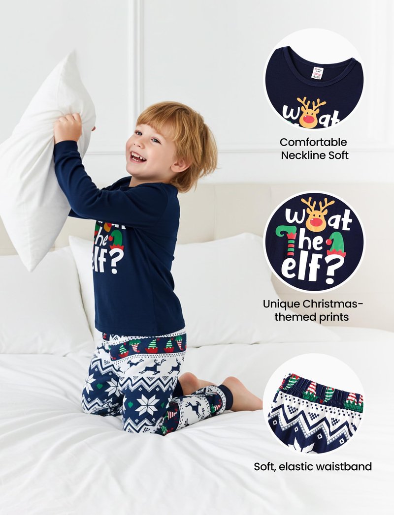PATPAT Family Christmas Pajamas Matching Sets Funny “What the Elf” PJs Blue Holiday Sleepwear, Christmas Pajamas for Family with Baby, Kids, Adults, Couples including Socks