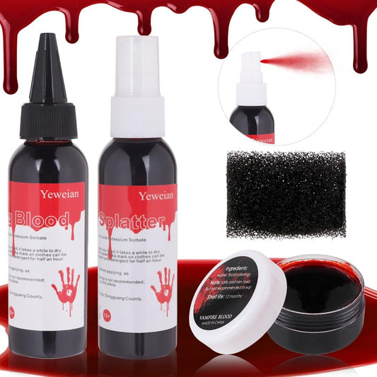 Yeweian 4PCS Fake Blood Makeup Kit, Washable Fake Blood Spray 2.1oz, Dripping Blood 2.1oz, Coagulated Blood 1.06oz and One Stipple Sponge, Halloween SFX Makeup for Zombie,Vampire and Monster Cosplay