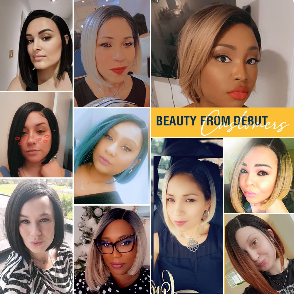 DÉBUT Asymmetrical Bob Wigs Ear to Ear Lace Front with Baby Hair Short Bob Simulated Scalp Lace Wig for Women Heat Resistant Fiber Synthetic Hair Side Parting Wig Highlight Ombre Brown Color