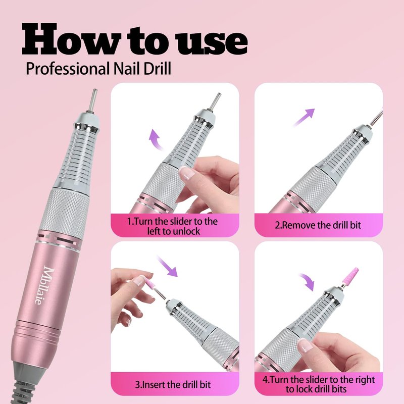 Professional Nail Drill - 45000RPM Electric Portable Efile Kit with 7 Bits | Cordless for Acrylic & Poly Gel Nails (Rose Pink)