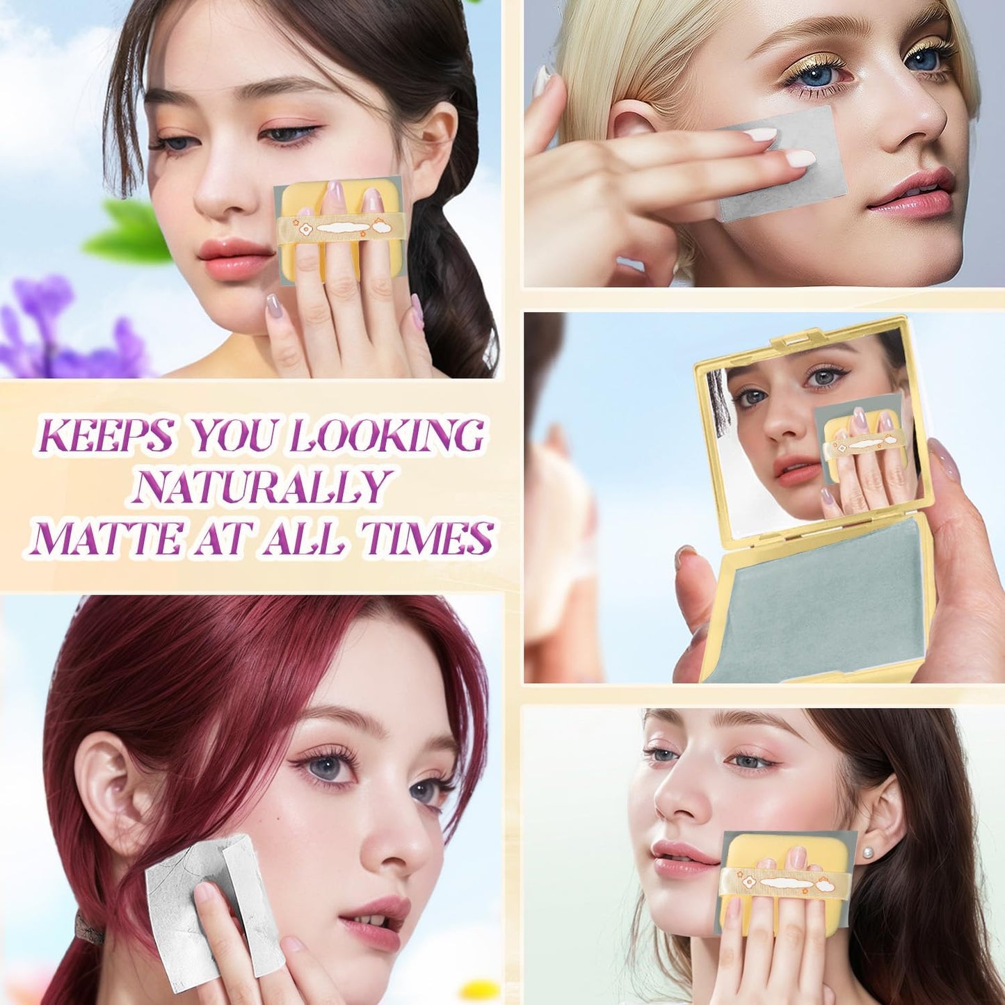 3-in-1 Oil Blotting Paper Set - 100 Sheets for Oily Skin | Portable Mirror & Adhesive Makeup Puff - Yellow