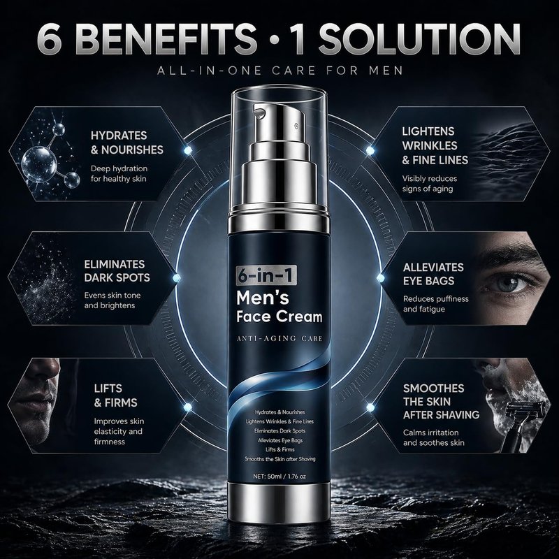 WAESKI 6-in-1 Face Cream for Men, Anti-Aging Moisturizer with Collagen, Hyaluronic Acid and Shea Butter, Reduces Wrinkles, Dark Circles and Puffiness, Men's Formula Daily Care 1.76 fl oz (1)