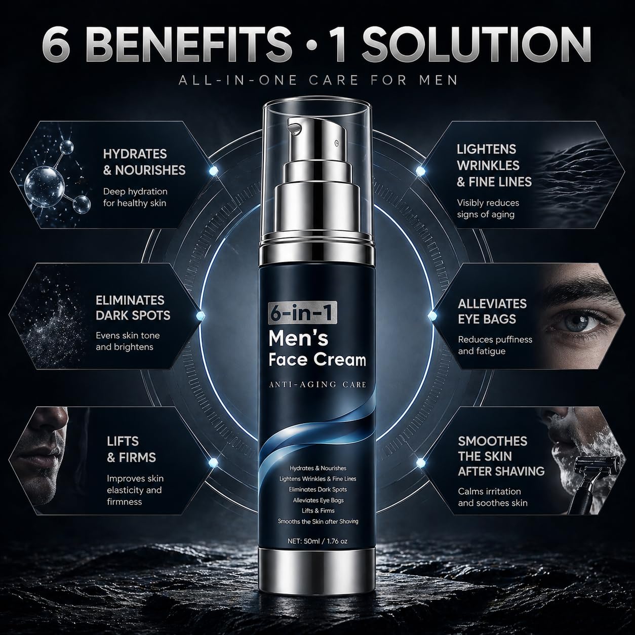 WAESKI 6-in-1 Face Cream for Men, Anti-Aging Moisturizer with Collagen, Hyaluronic Acid and Shea Butter, Reduces Wrinkles, Dark Circles and Puffiness, Men's Formula Daily Care 1.76 fl oz (1)