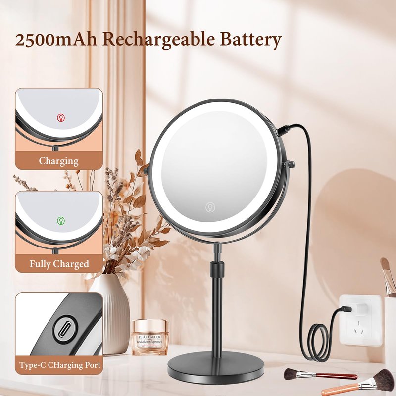 rndecuck 8" Lighted Makeup Mirror with Magnification 10x and 3 Color Light 2500mAh Rechargeable Height Adjustable 360° Rotation Double Sided LED Vanity Mirror for Desk (Black)