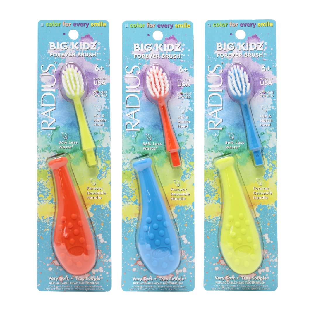 Radius Big Kidz Forever Brush with Replaceable Head Toothbrush for Children, 6 Years and Up, BPA Free ADA Accepted for Growing Teeth and Gums - Right and Left Handed, Extra Soft