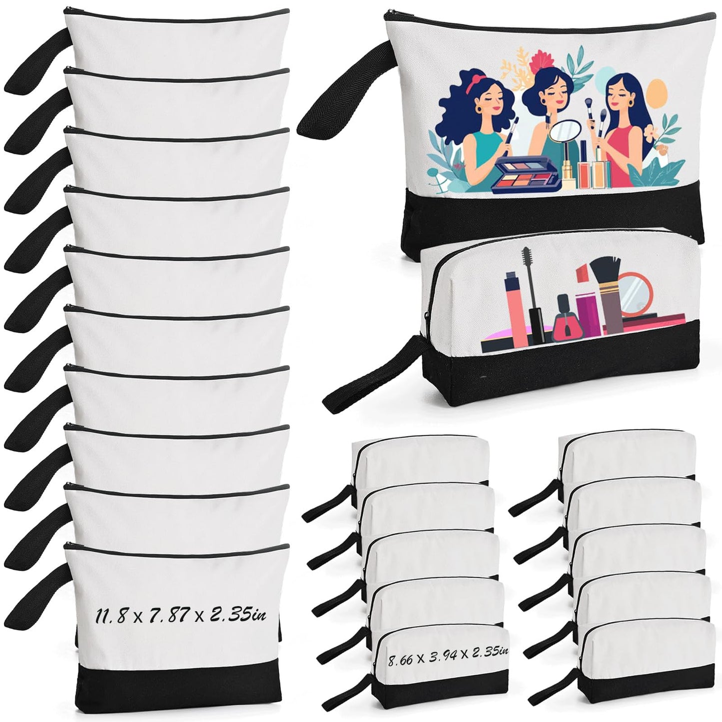 20Pcs Canvas Makeup Bag with Bottom, 12oz Cotton Cosmetic Bag Set Bulk Multi-Purpose DIY Heat Transfer Makeup Bag w/Black Zipper for Bridesmaid Makeup Bag Travel Toiletry Pouch Storage, Graduation DIY