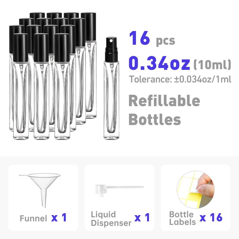 Glassfinity 16 Pack 10ml Empty Perfume Bottles, Refillable Square Glass Spray Atomizers with Funnel, Transfer Pump and Labels, Fragrance Decant Bottles for Travel and Samples, Black Caps