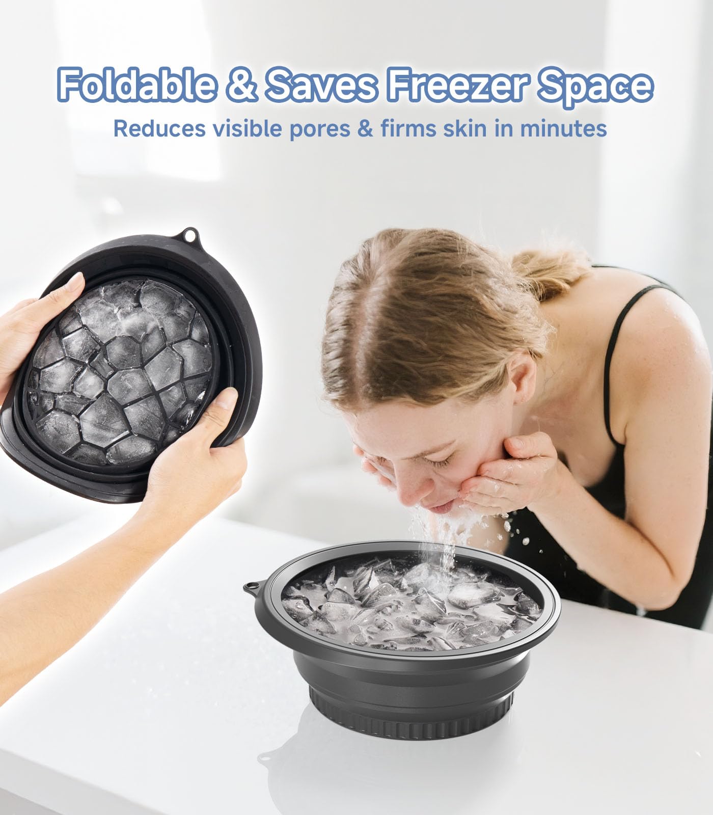 Face Bowl for Ice with Built-in Ice Tray – Collapsible Silicone Facial Ice Bath Bowl for Cold Plunge Therapy, Skin Tightening & Acne Relief – Portable Spa Tool for Home & Travel(Black)
