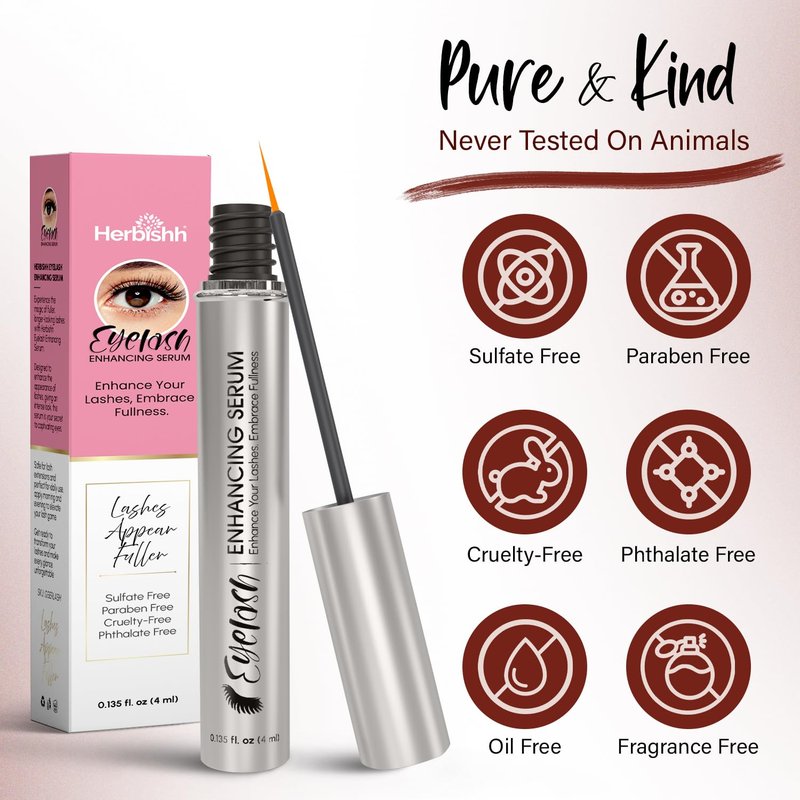 Herbishh Eyelash Growth Serum for Women & Men (0.135 fl. oz), Serum for Eyelash Growth, Peptide Lash Enhancing Treatment, Lash conditioner strengthening treatment for Thicker & Fuller-Looking Lashes
