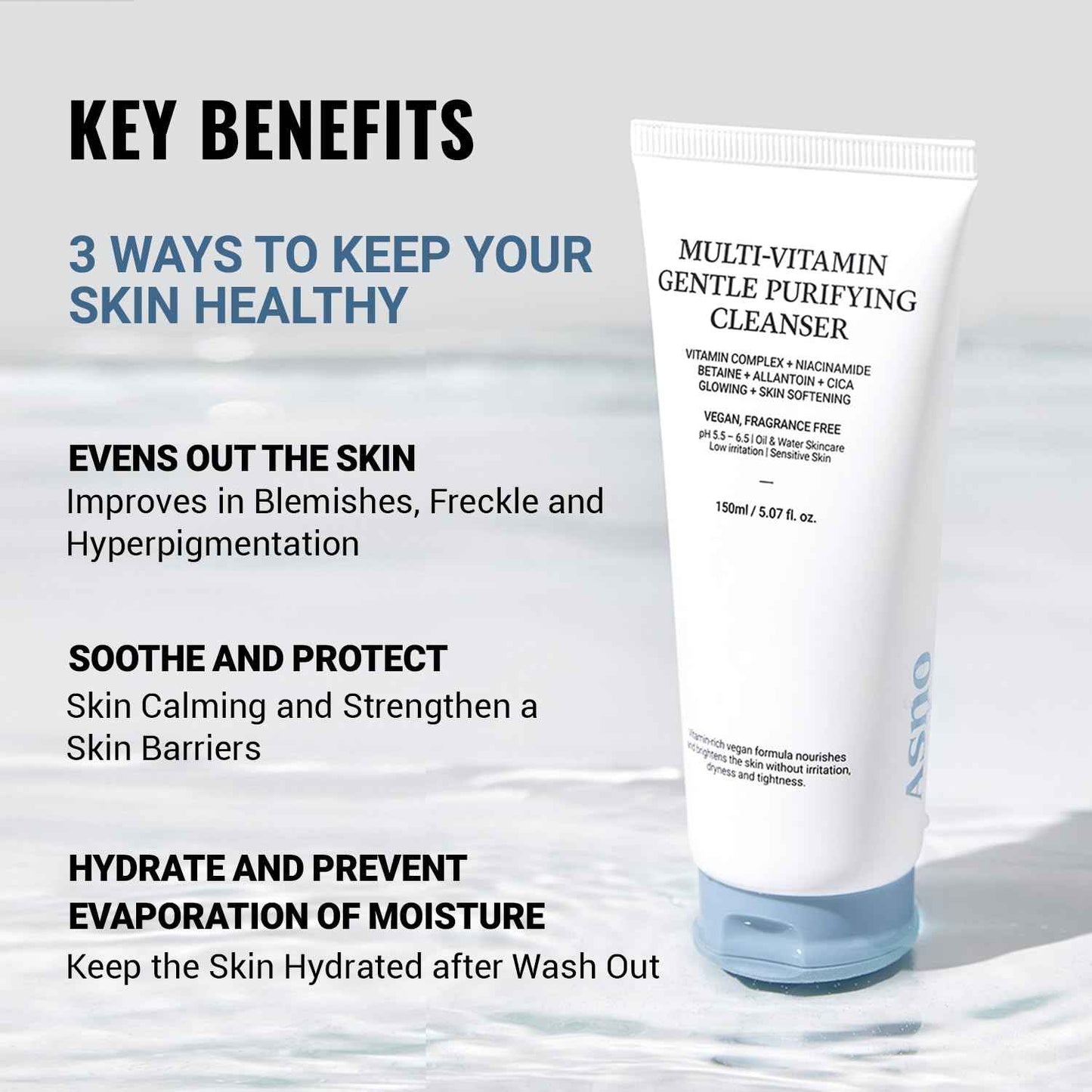 ASNO Multi Vitamin Gentle Purifying Cleanser 150ml – Low pH Vegan Face Wash for Sensitive Skin, Hydrating Deep Cleanse with Fine Bubble, Lemon + Niacinamide + Centella Asiatica, Korean Skincare