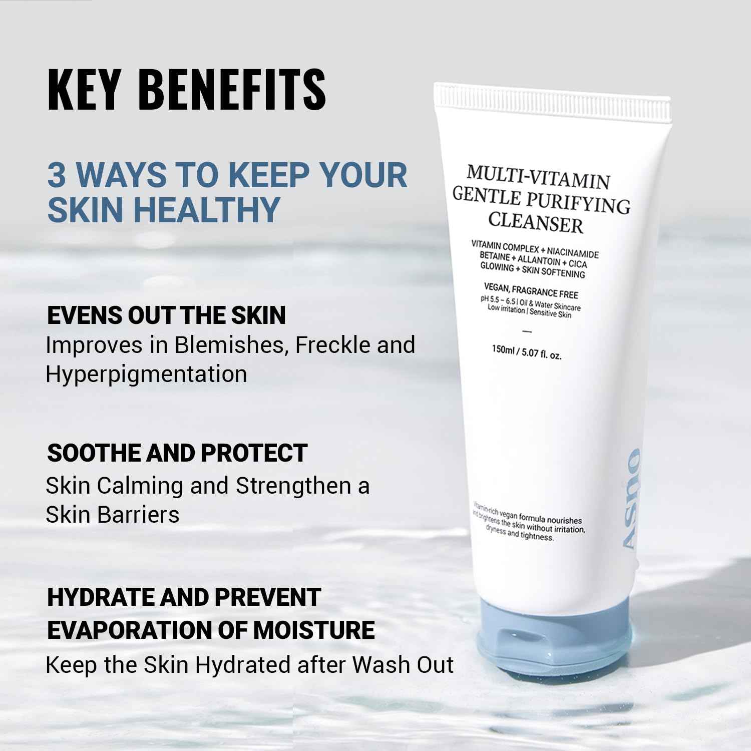 ASNO Multi Vitamin Gentle Purifying Cleanser 150ml – Low pH Vegan Face Wash for Sensitive Skin, Hydrating Deep Cleanse with Fine Bubble, Lemon + Niacinamide + Centella Asiatica, Korean Skincare