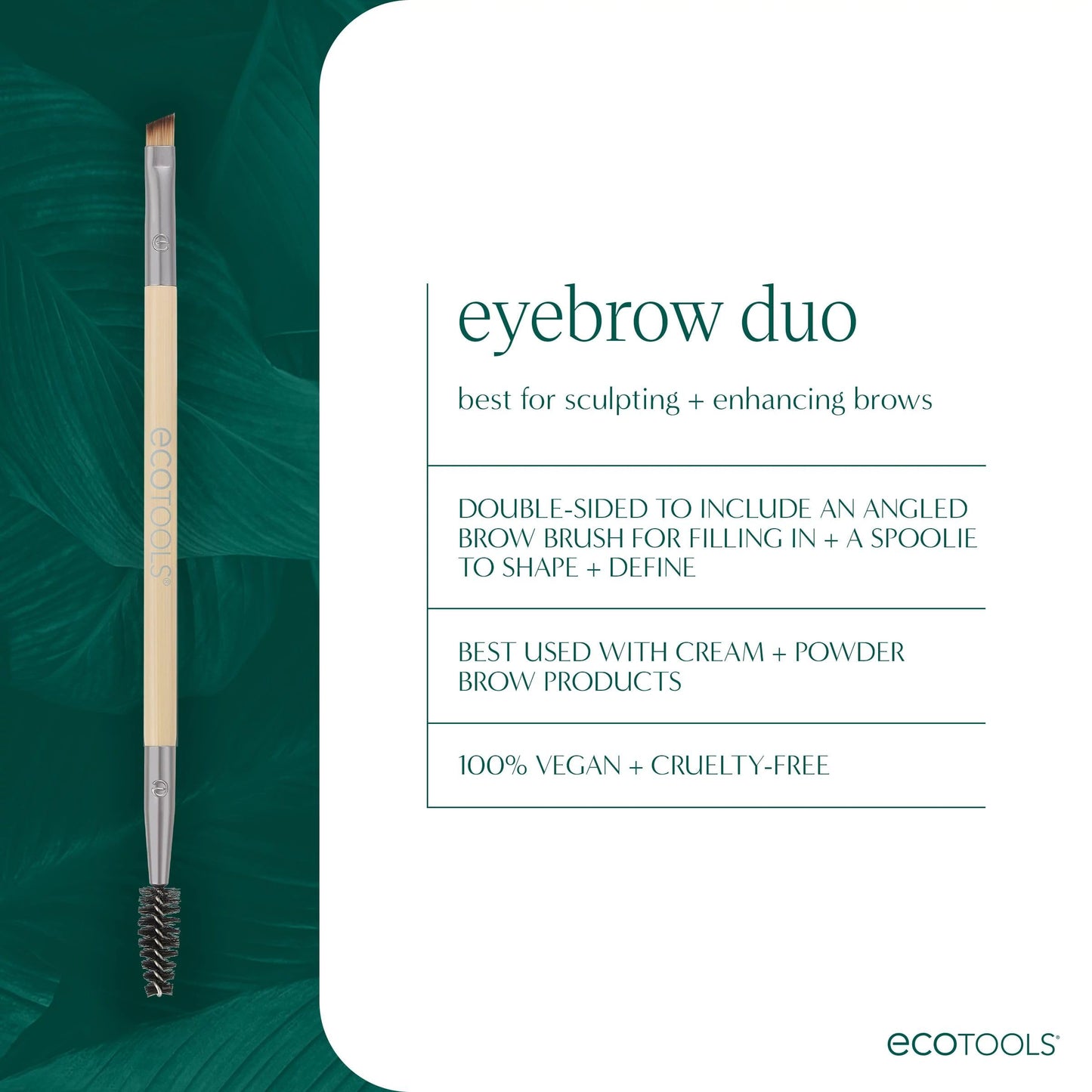 EcoTools Eyebrow Brush Duo, Tame, Sculpt & Fill in Brows, Multipurpose For Eyebrow Gel, Powder, & Cream, Dual-Ended Spoolie & Angled Brow Brush, Eco Friendly, Cruelty-Free, & Vegan, 1 Count