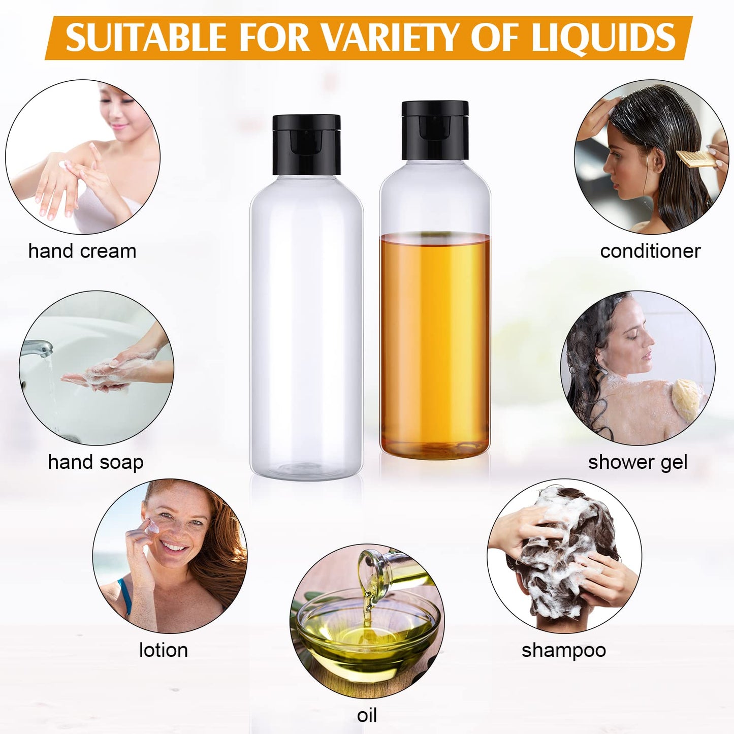 Nuenen 50 Pcs 3.4 oz Travel Size Bottles with Flip Cap Plastic 100ml Travel Bottle TSA Approved for Toiletries with 2 Funnels Small Leakproof Empty Refillable Squeeze Shampoo Containers(Clear, Black)
