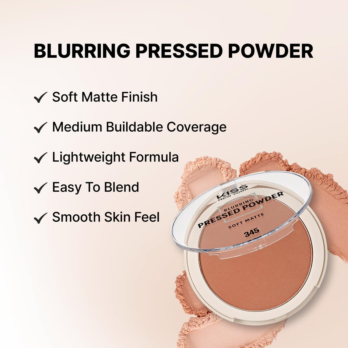 Kiss New York Soft Matte Pressed Powder (Warm Coconut) With Dual Ended Powder Brush Set, Blurring Poreless Face Powder Makeup, Medium Coverage Setting Powder Infused with Salicylic Acid & Niacinamide