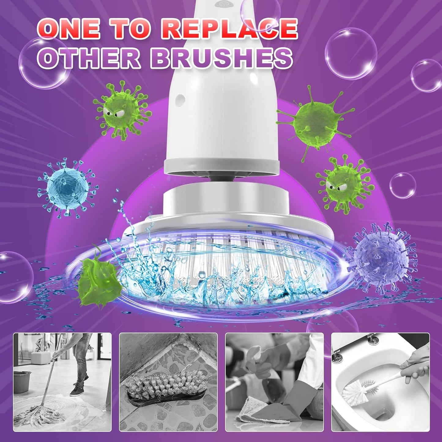 Electric Spin Scrubber, 1.5H Shower Scrubber with 7 Replaceable Brush Heads & Adjustable Extension Arm, Cordless Household Cleaning Brush for Bathroom Tub Tile Floor