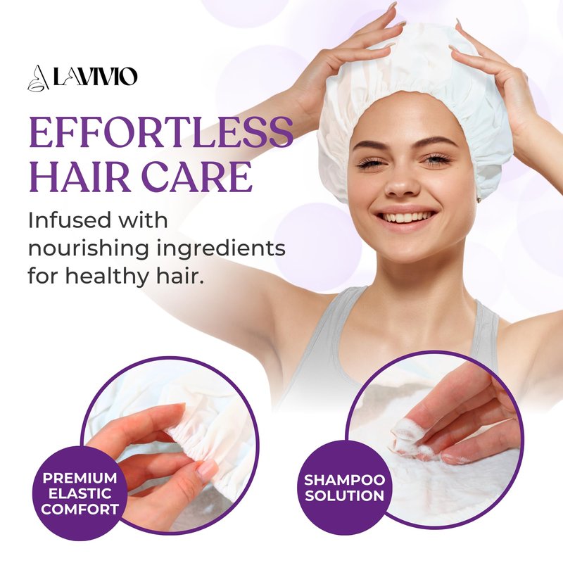 LAVIVIO No Rinse Shampoo Caps – Waterless Hair Washing Shower Caps for Bedridden Patients, Elderly, Hospital Use – Disposable Rinseless Conditioning Bathing Supplies with Aloe Vera, Vitamins - 12 Pack