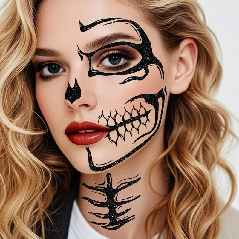 Halloween Face Tattoos Temporary Black Tattoo for Men and Women, Adult, Skeleton Mouth Tattoo Spider Web Face Sticker, Horror Zombie Witch Makeup Kit, Scary Halloween Face Decals 5 Sheets