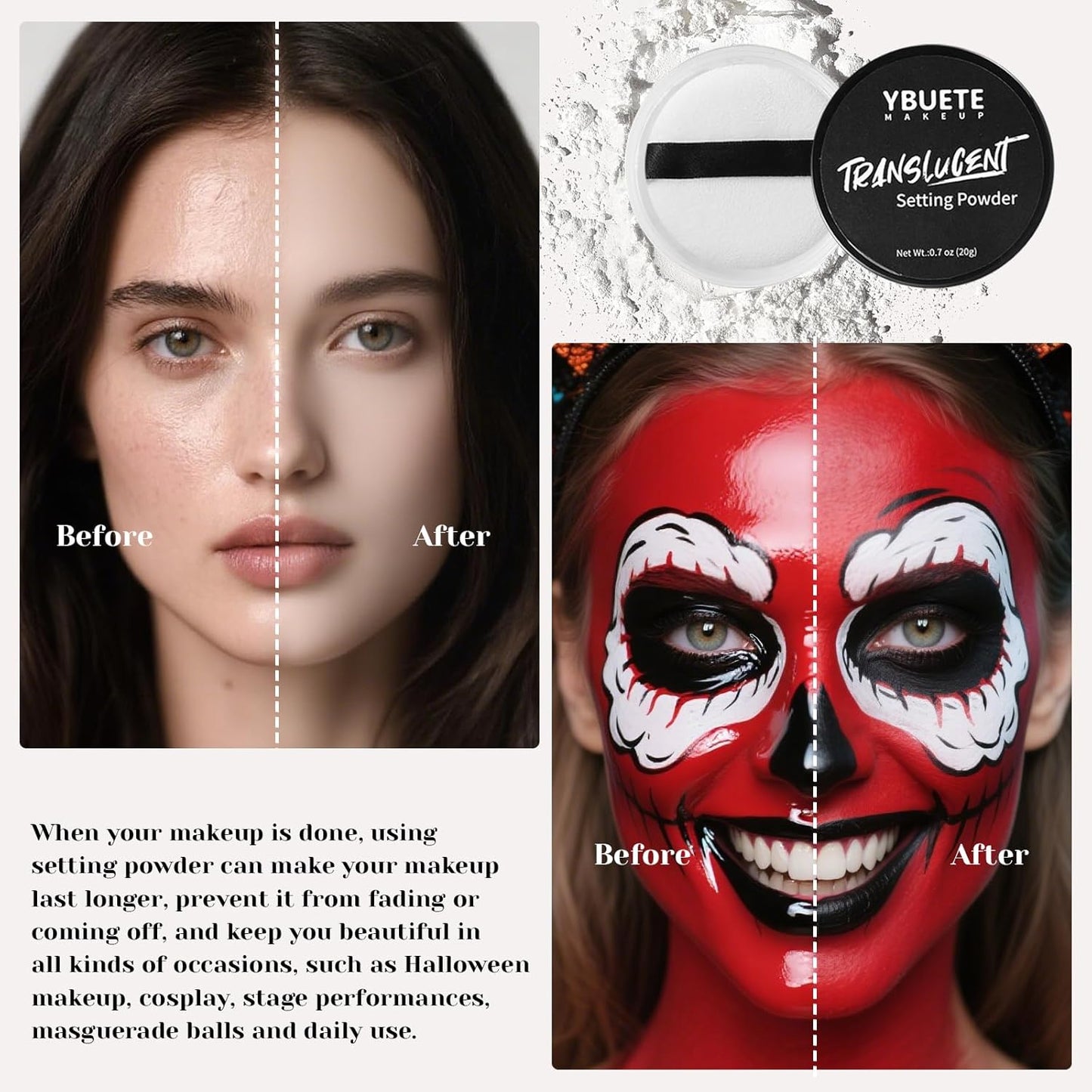 Face Body Paint Stick Set - Black, White & Light Blue | Full Coverage Halloween Makeup with Translucent Powder & Sponges