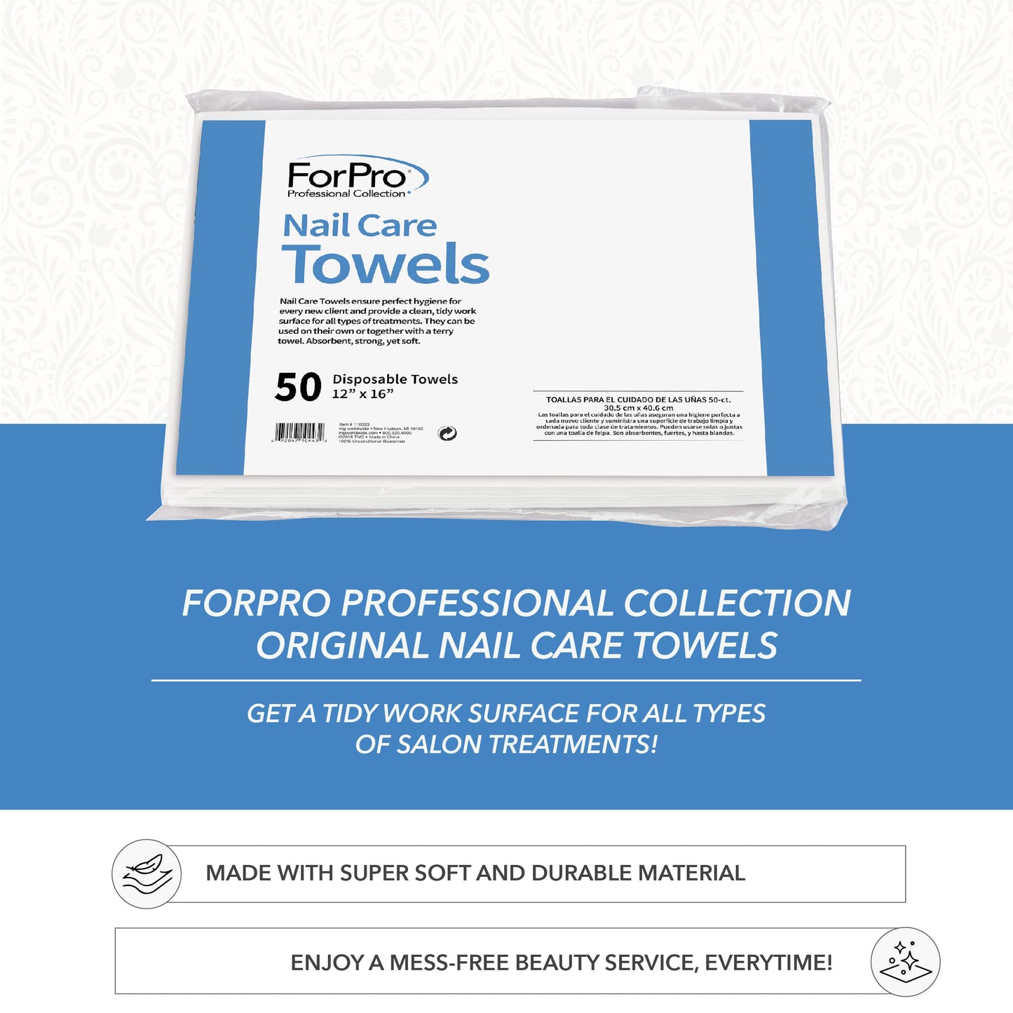 ForPro Professional Collection Original Nail Care Towels for Manicures and Pedicures, Lint-Free, Disposable Towels, 12" x 16", 50-Count
