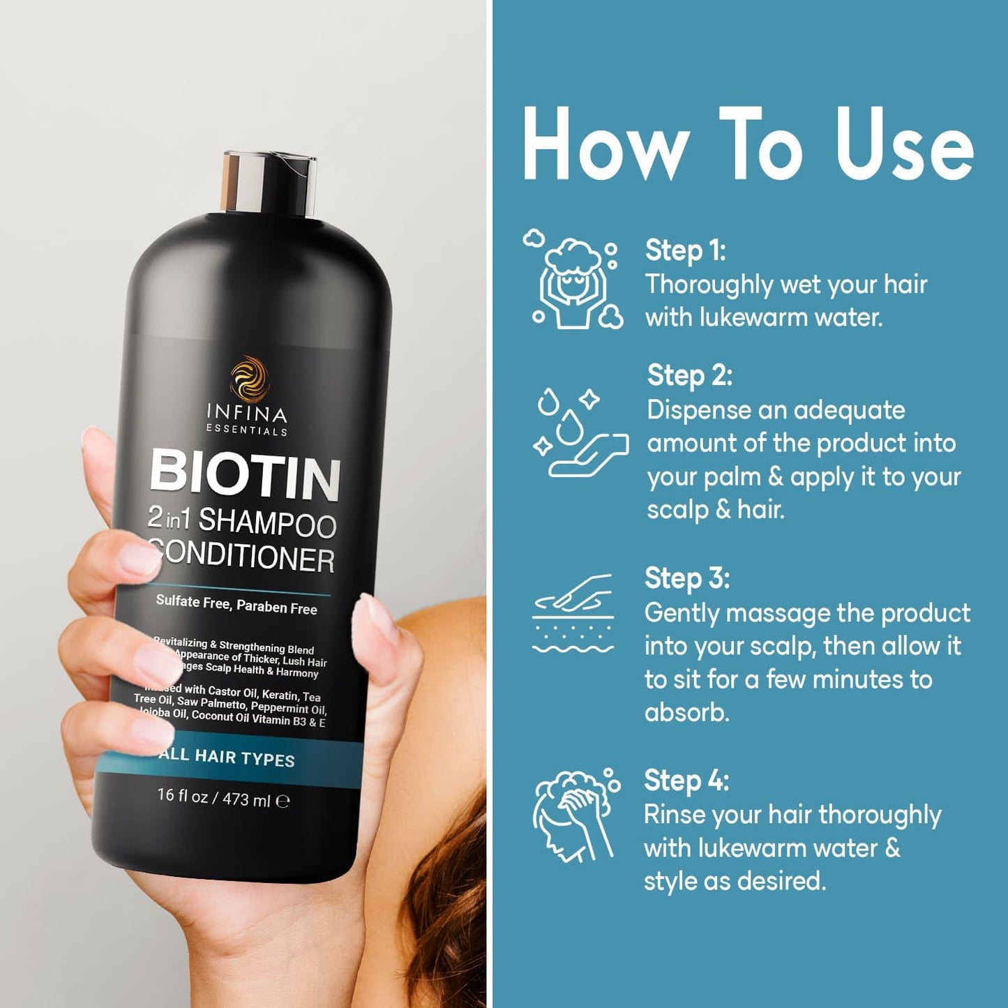 Biotin 2-in-1 Shampoo and Conditioner for Men & Women, 16 fl oz