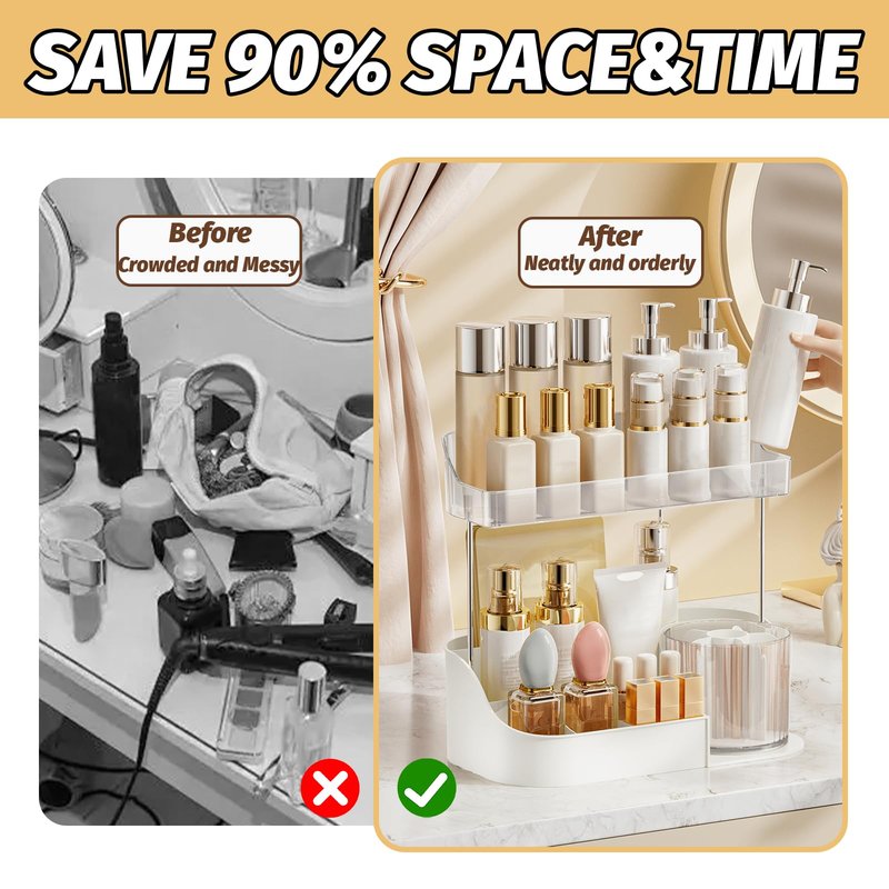 DASITON Large Capacity Makeup Organizer with 360° Rotating Makeup Brush Holder, Perfume and Skincare Storage Organizers for Vanity Bathroom Countertop, Cosmetic Display Case (White, 2 Tier)