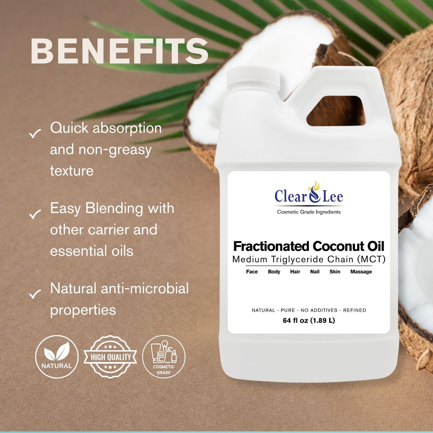 ClearLee Fractionated Coconut Oil MCT - Cosmetic Grade Natural & Pure Oil for Massage, Body, Hair, Skin, Face, Nail, Spa, Aromatherapy Carrier for Essential Oils, Soap Making, Serums & More (32 oz)
