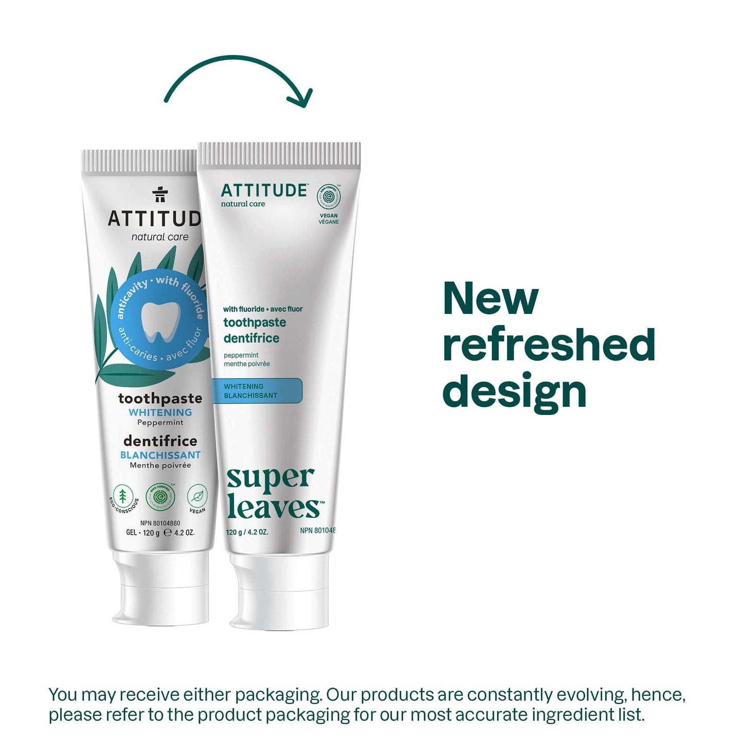 Attitude Whitening Toothpaste with Fluoride, Peppermint Flavor, Vegan & Cruelty-Free, Sugar-Free, Plant & Mineral-Based Ingredients, Clean Oral Care, 4.2 Oz (Pack of 2)