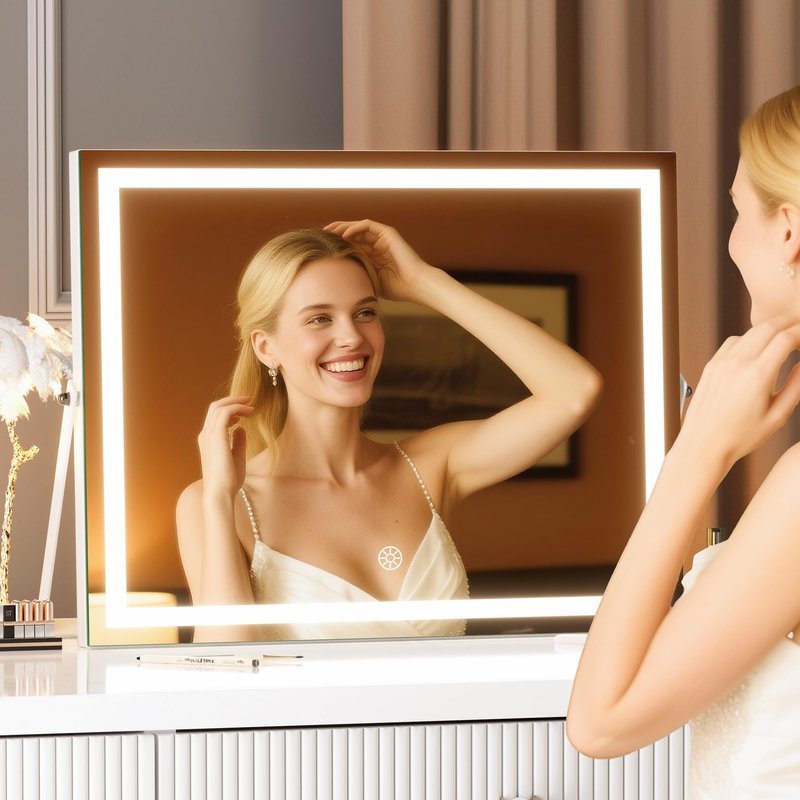 MINISO Vanity Mirror with Lights, 11.4" x 13.8" LED Makeup Mirror, Light & Brightness Adjustment, Smart Sensor, Aluminum Alloy Metal White Frame, with 5X Magnifying Glass