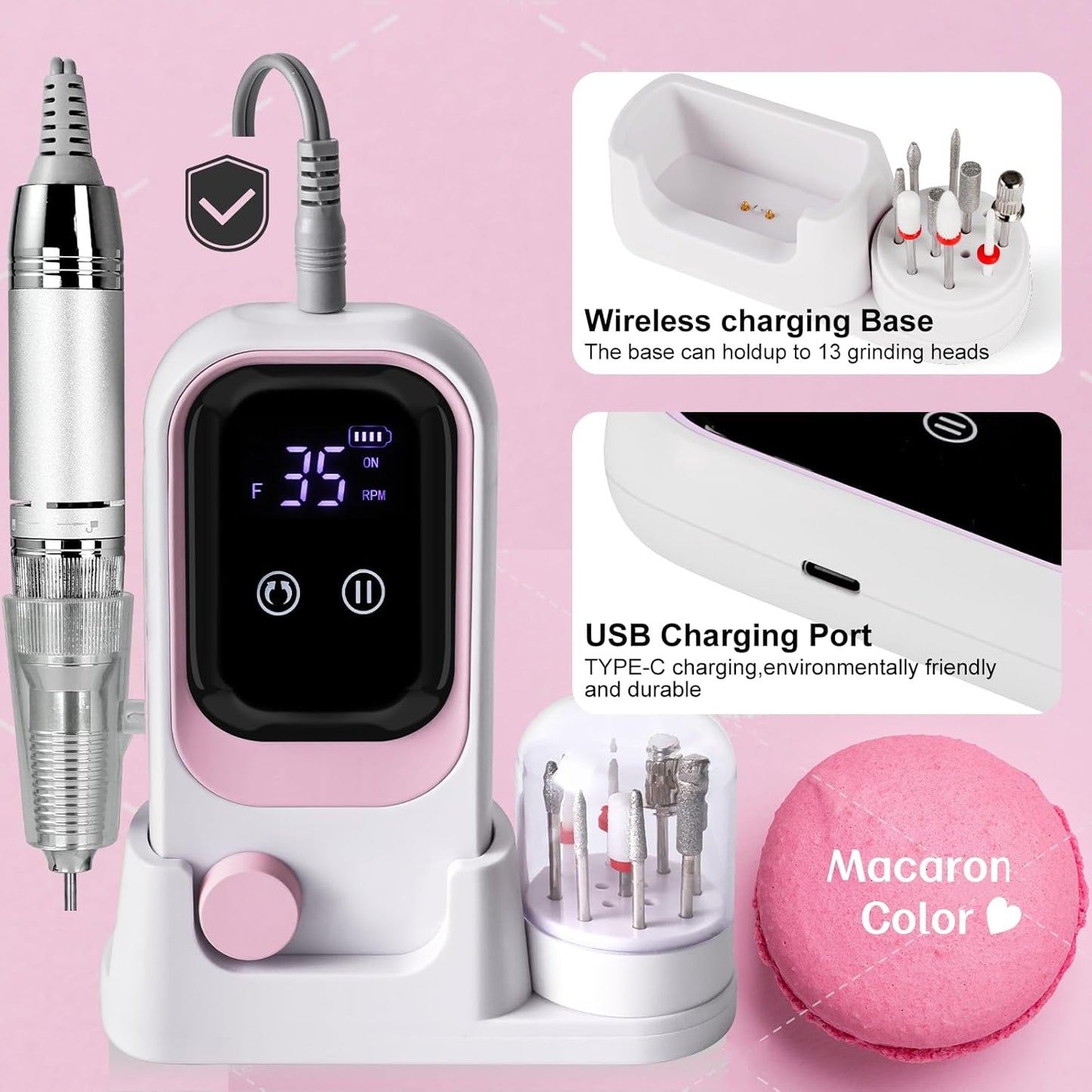 Electric Nail Drill - Professional 35000RPM Pink Nail File with Rechargeable Base & Bits | Essential for Acrylic Nails & Salon Use