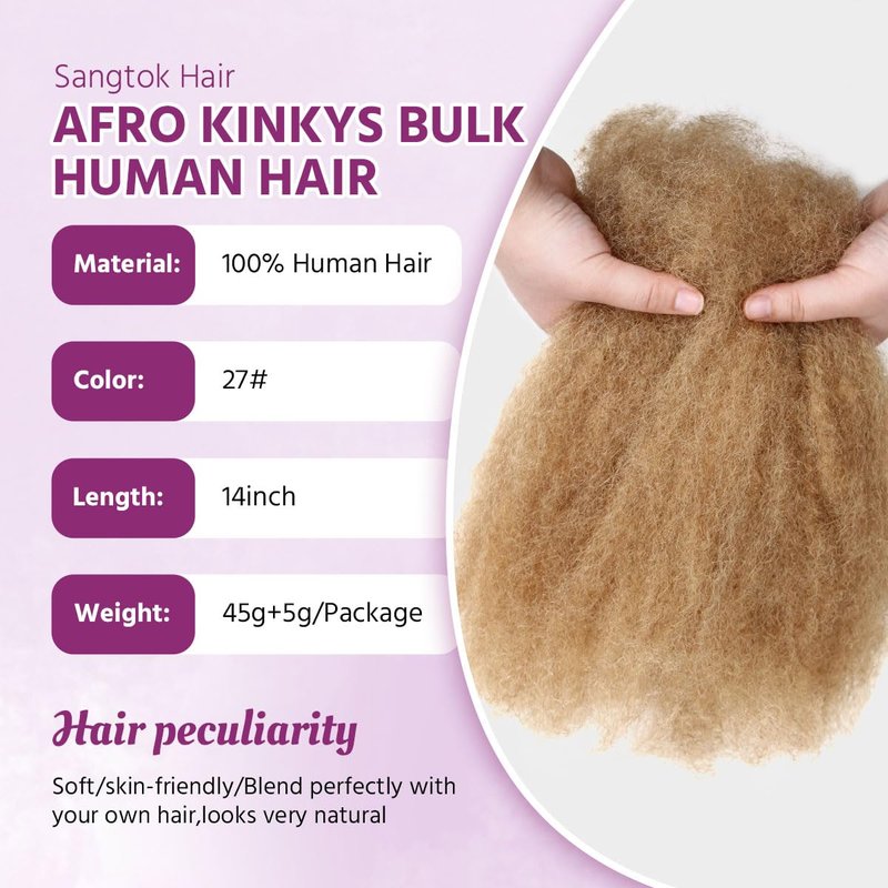 Sangtok Afro Kinky-Curly Human Hair Bulk for Twists, 16 Inch 50g Bulk Hair for Dreadlock Extensions Repair Locs Braiding, 100% 4C Human Bundles Hair(Black)
