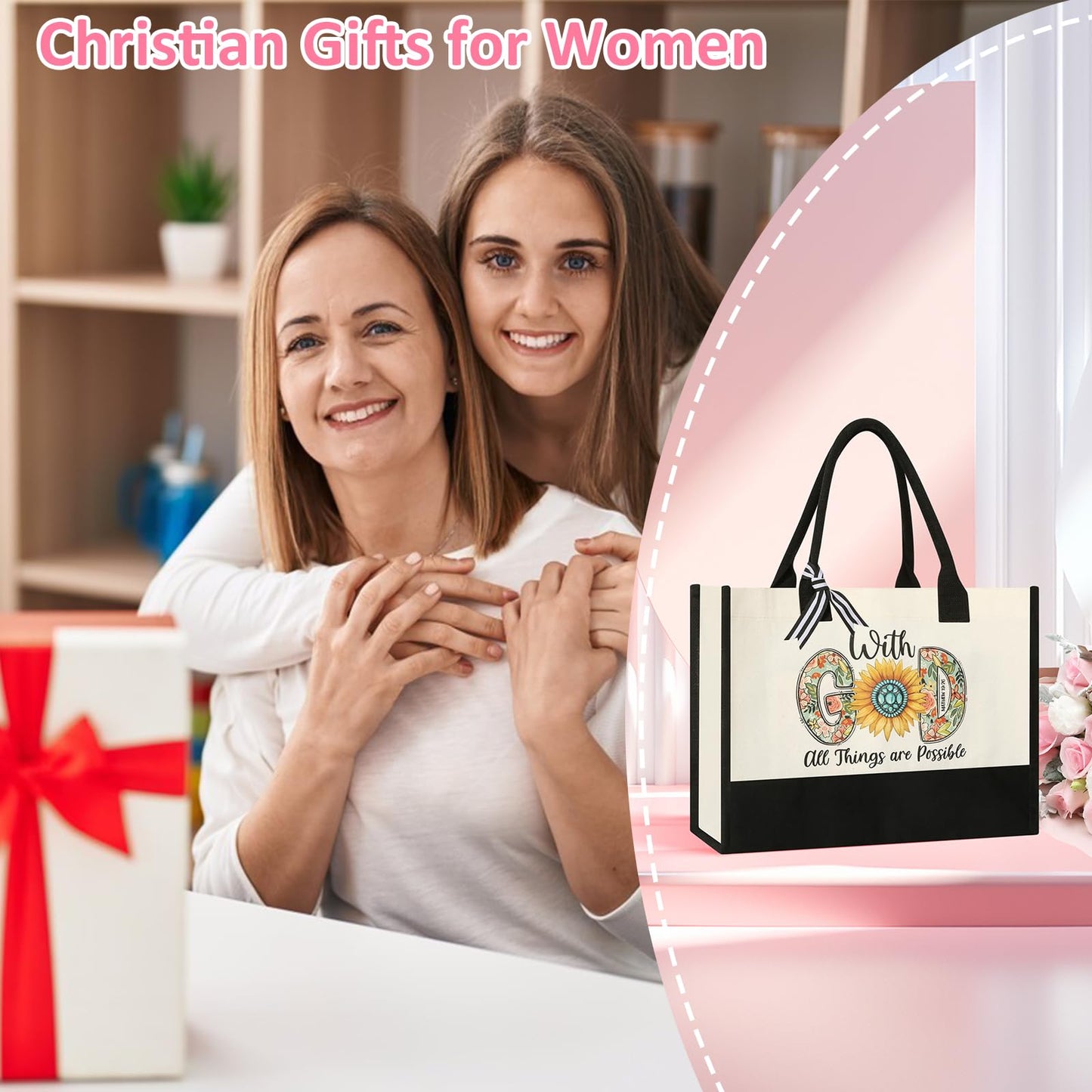 Tecanne Christian Gifts for Women, Canvas Tote Bag with Makeup Bag (4 Sets)