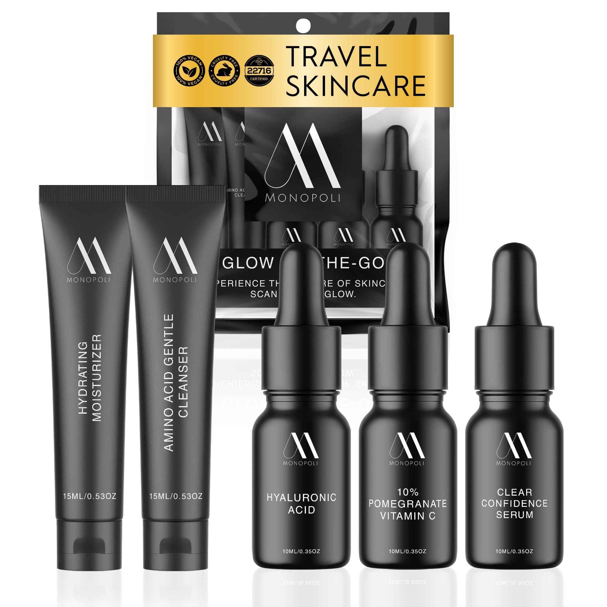 Monopoli Skin Travel Skincare Set | Airplane-Friendly Sizes | Complete Facial Skin Care Kit with BHA Serum, Vitamin C, Moisturizer & Cleanser | Perfect Travel Essentials & Gift Set for Women & Teens