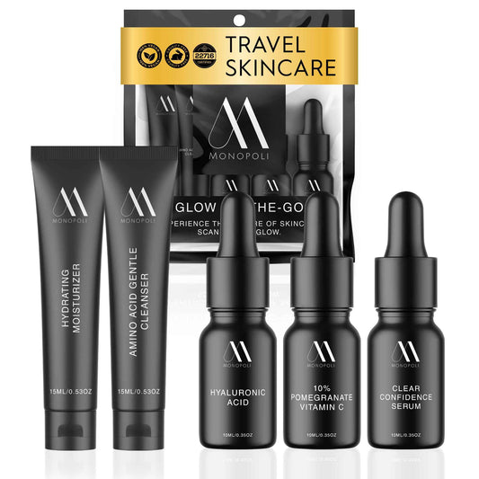Monopoli Skin Travel Skincare Set | Airplane-Friendly Sizes | Complete Facial Skin Care Kit with BHA Serum, Vitamin C, Moisturizer & Cleanser | Perfect Travel Essentials & Gift Set for Women & Teens