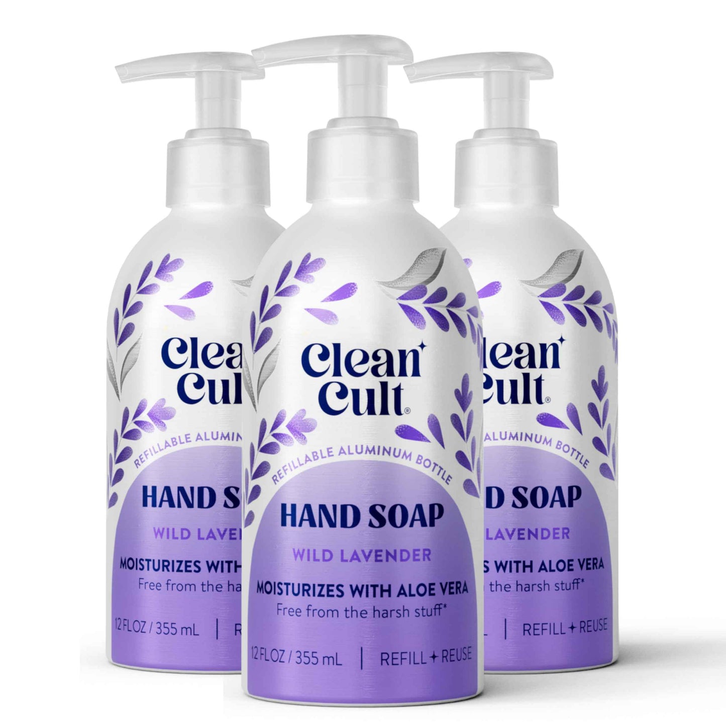 Cleancult - Wild Lavender - Moisturizing Liquid Hand Soap - Refillable Aluminum Bottle - Made with Aloe Vera & Lavender Essential Oil - Nourishes & Moisturizes Dry & Sensitive Skin - 12 oz - 3 Pack