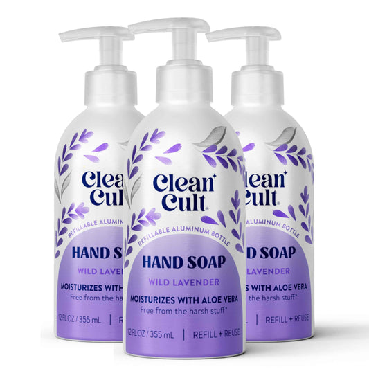 Cleancult - Wild Lavender - Moisturizing Liquid Hand Soap - Refillable Aluminum Bottle - Made with Aloe Vera & Lavender Essential Oil - Nourishes & Moisturizes Dry & Sensitive Skin - 12 oz - 3 Pack