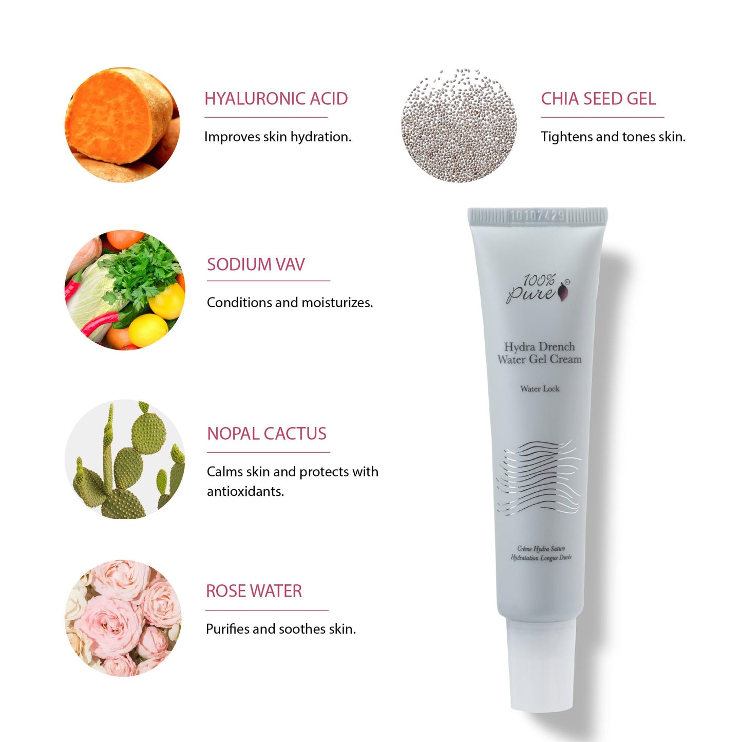 100% PURE Hydra Drench Cream, Daily Face Moisturizer with Hyaluronic Acid, Rose Water, Skin Care for All Skin Types, Natural Face Cream - 1.4 Fl Oz