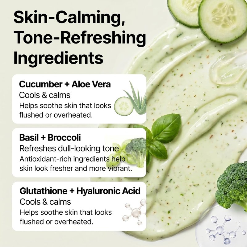 Cucumber Basil Face Mask - Cooling Korean Skincare for Redness Relief | Green Smoothie Mask with 3,500ppm Cucumber & 8 Types of Hyaluronic Acid