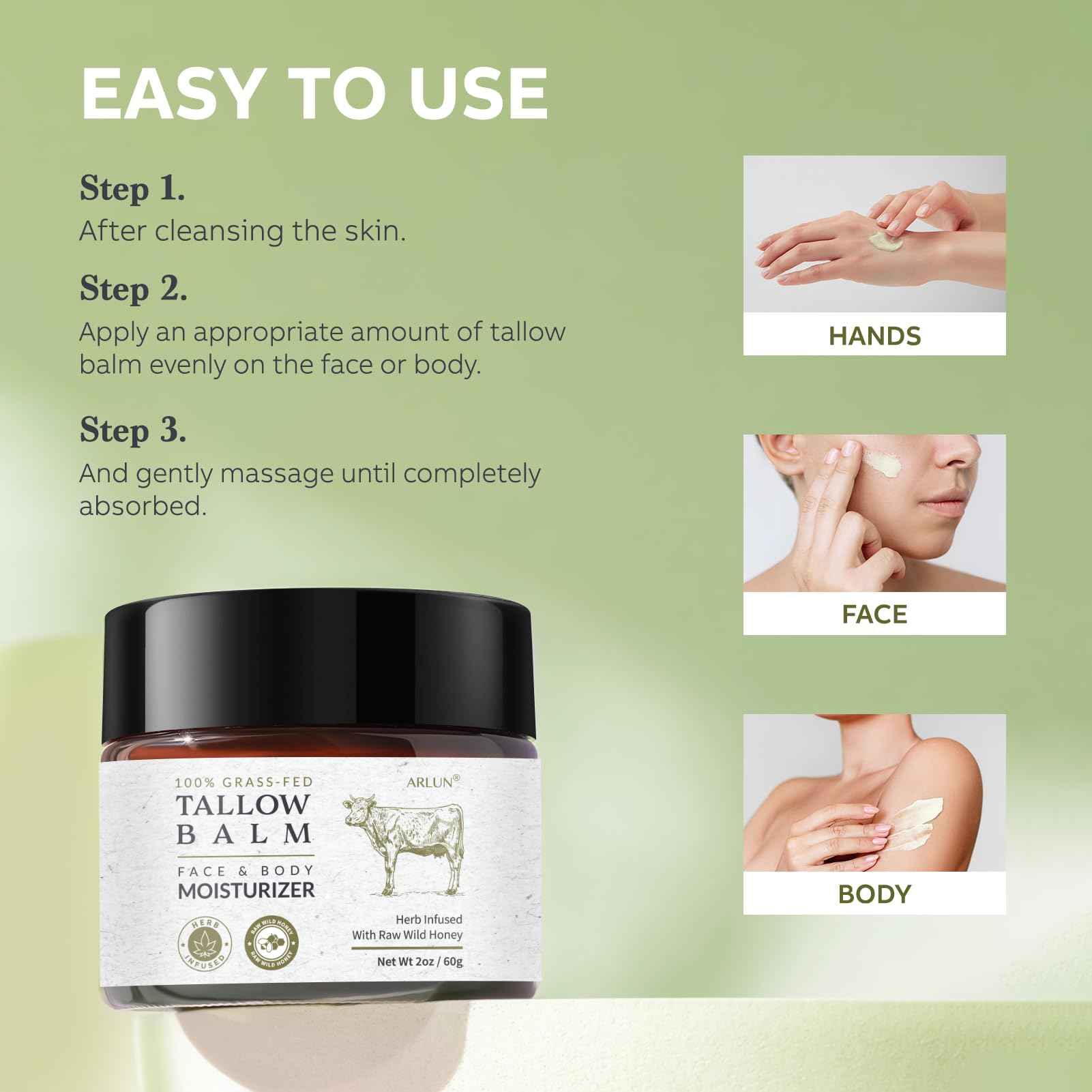 Beef Tallow for Skin, Beef Tallow and Honey Balm, Tallow Face Moisturizer Nourishes and Hydrates the Skin, Grass Fed Balm Enriched with Raw Wild Honey 60g