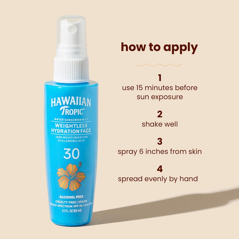 Hawaiian Tropic Weightless Hydration Water Mist for Face SPF 30, 2.1 Fl Oz, Travel Size SPF Face Mist Hydrating Spray, Non-Comedogenic Sunscreen Facial Mist, Non-Aerosol Sunscreen Spray, 2.1 Fl Oz