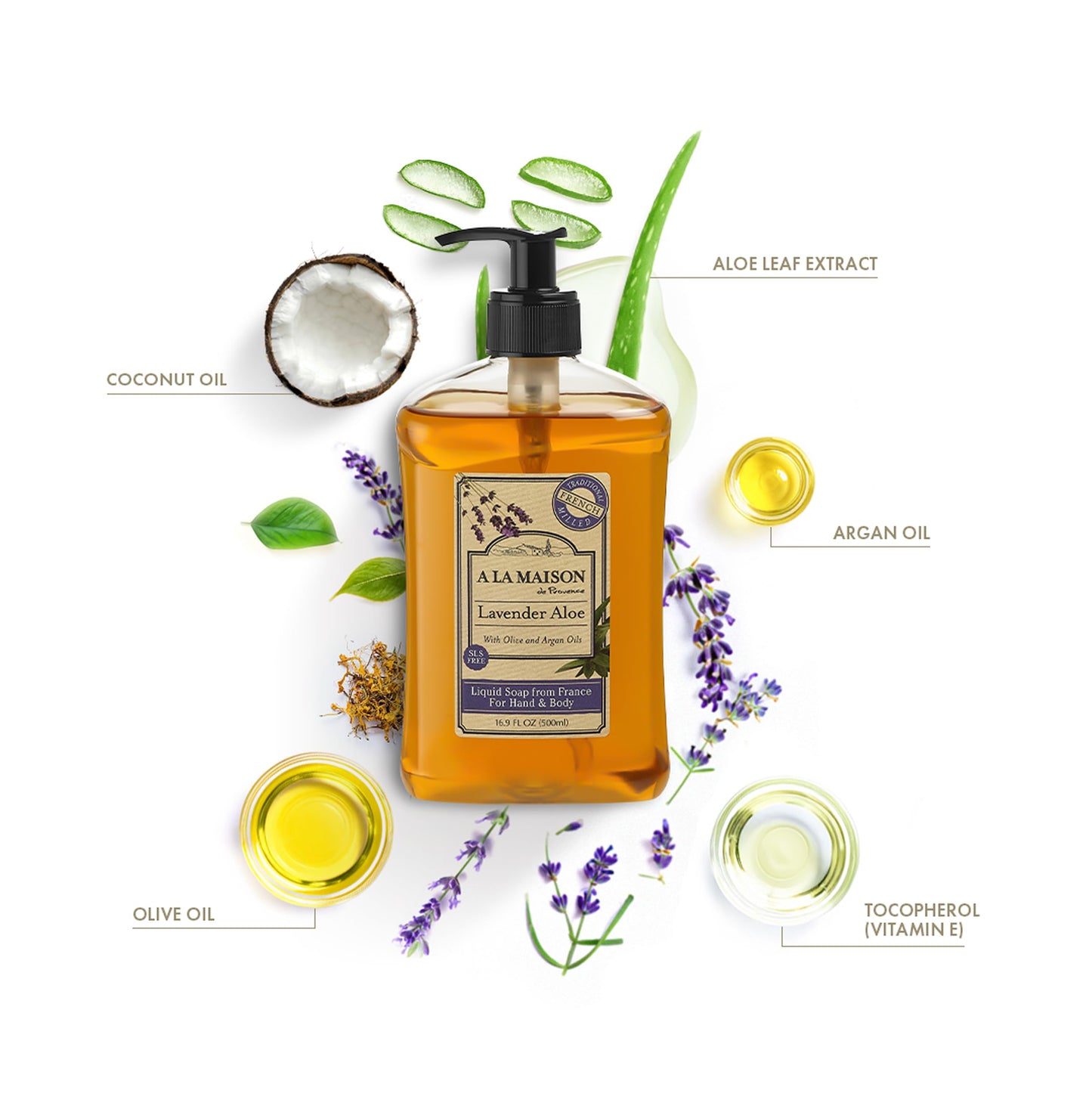 A LA MAISON Lavender Aloe French Liquid Hand Soap - Natural Hand Wash Made with Essential Oils - Biodegradable, Plant-Based, Vegan, Cruelty-Free, Alcohol & Paraben Free (16.9 oz, 2 Pack)