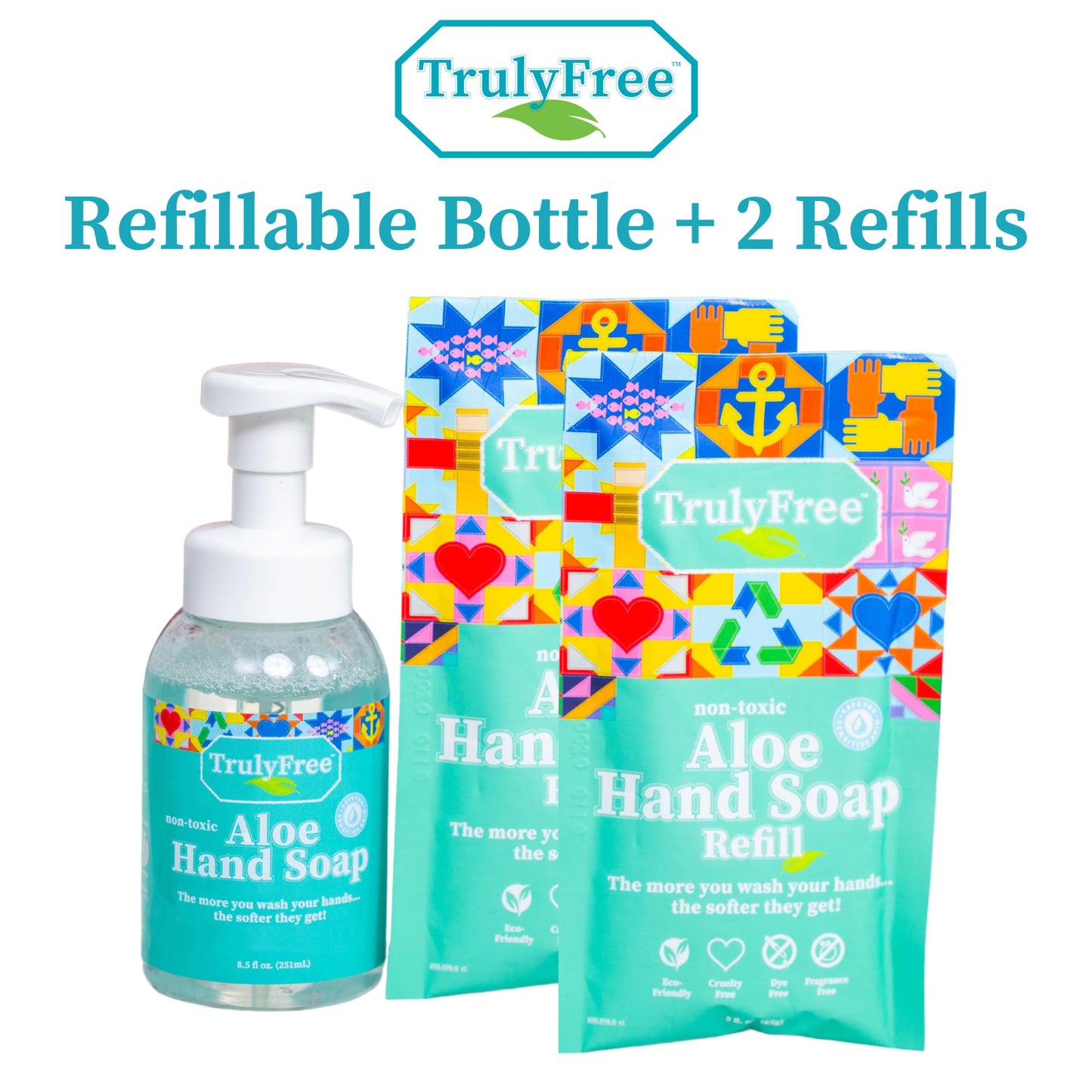 Truly Free Aloe Unscented Hand Soap - 10x Concentrated Aloe Vera, Non-Drying Gentle Cleanser - Bathroom Hand Soap - 1 Empty Bottle with Foaming Dispenser Pump + 2 Moisturizing Hand Soap Refill Pouches
