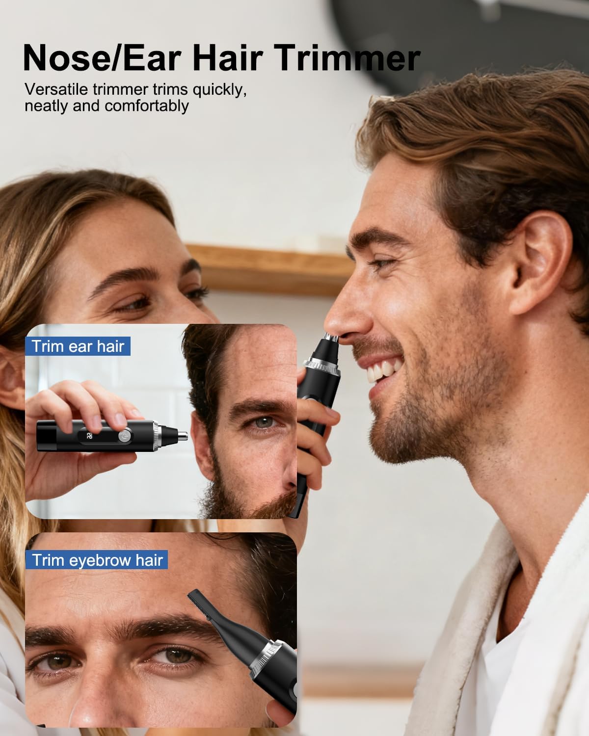 Nose Hair Trimmer | Professional Painless IPX7 Waterproof Eyebrow & Facial Hair Trimmer - USB Rechargeable with LED Display, Black/Silver