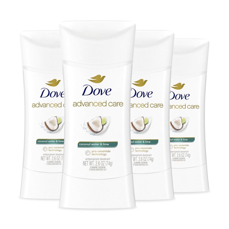 Dove Advanced Care Antiperspirant Deodorant Stick Coconut Water & Lime scent 4 Ct for helping skin barrier repair after shaving 72H odor control & all-day sweat protection for soft underarms 2.6 oz