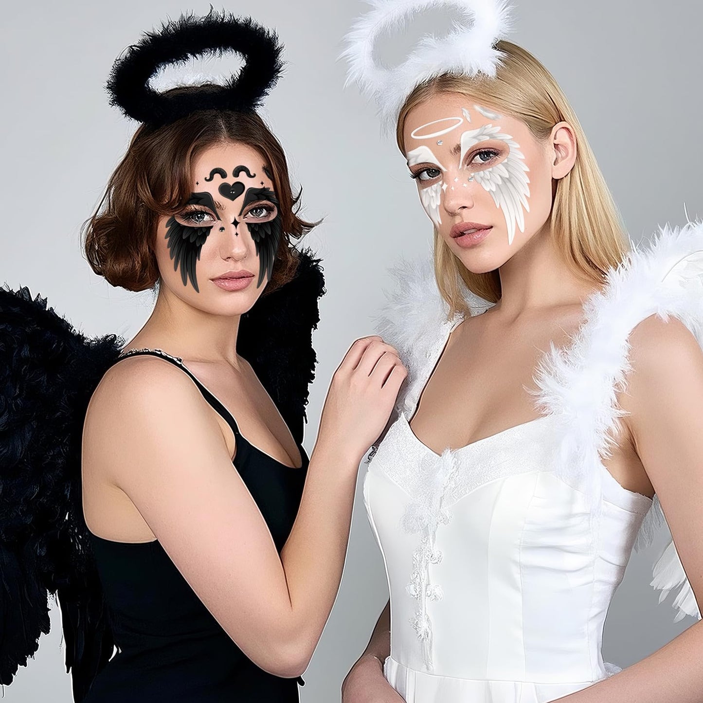 HOWAF Halloween Angel Face Tattoos, 2 Angel Wing Full Face Temporary Tattoos with 2 Sheets Jewels Tattoos Sticker for Hallows' Eve Costumes Accessories, Black and White Fallen Angels Tattoo Stickers