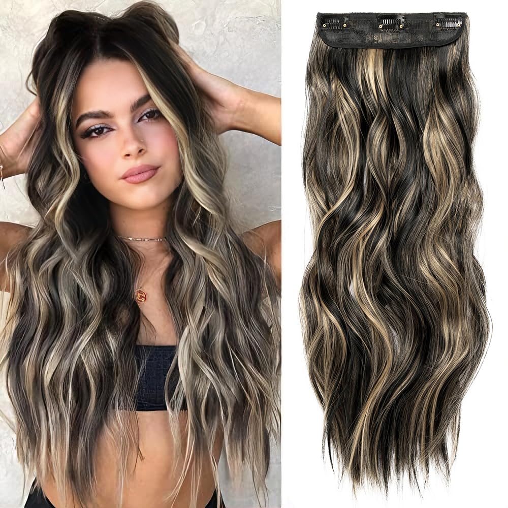 Clip In Hair Extensions - Natural Wavy Synthetic Hairpieces for Women | Black & Blonde Highlights - 20 Inch, 4 Pcs