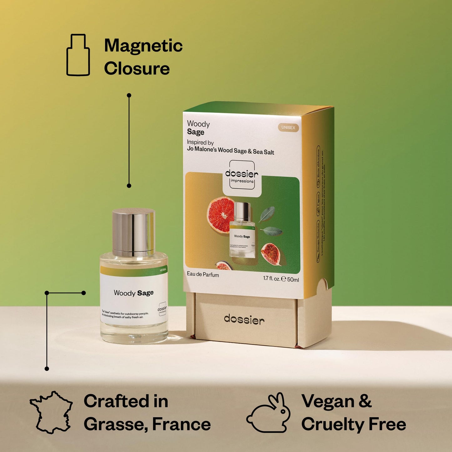 Dossier - Woody Sage - Eau de Parfum - Inspired by Wood Sage & Sea Salt - Long-Lasting Fragrance - Unisex - 1.7 fl oz (50ml)