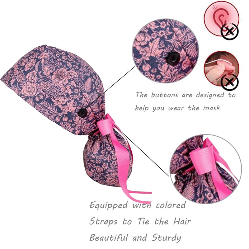 Scrub Caps Women with Buttons Nurse Hat Scrub Cap Ponytail Nursing Hats Long Hair Working Cap with Buttons and Ribbon Tie Halloween Chemo Hats Cancer Headwear Head Scarfs