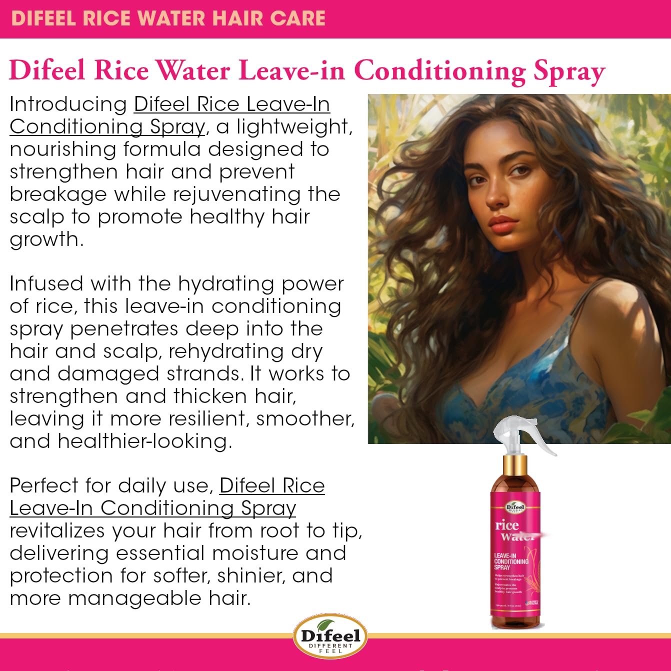 Difeel Rice Water Leave-in Conditioning Spray 8 oz. - Spray Leave in Conditioner For Dry Damaged Hair
